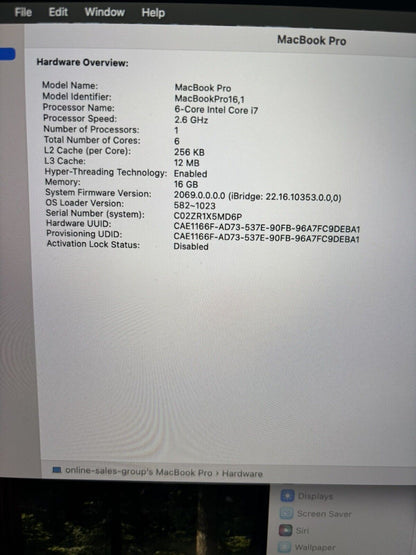 Apple MacBook Pro 16 pulgadas (2019) / A2141 (i7 2,6 GHz 16 GB Ram 512 GB)